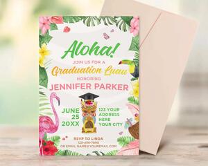 Editable Luau Hawaiian Theme Graduation Party Invitation